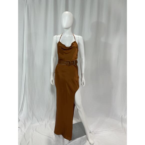 Nicholas 'Lucinda' Brown Halter Cowl Neck Gown Size 4 - Picture 2 of 5